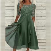 Elegant Evening Dress with Lace Details and 3/4 Sleeves - Formal Wedding Guest Gown 1