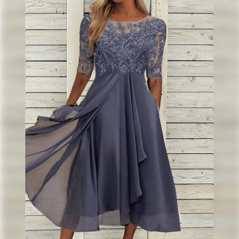 Elegant Evening Dress with Lace Details and 3/4 Sleeves - Formal Wedding Guest Gown 3