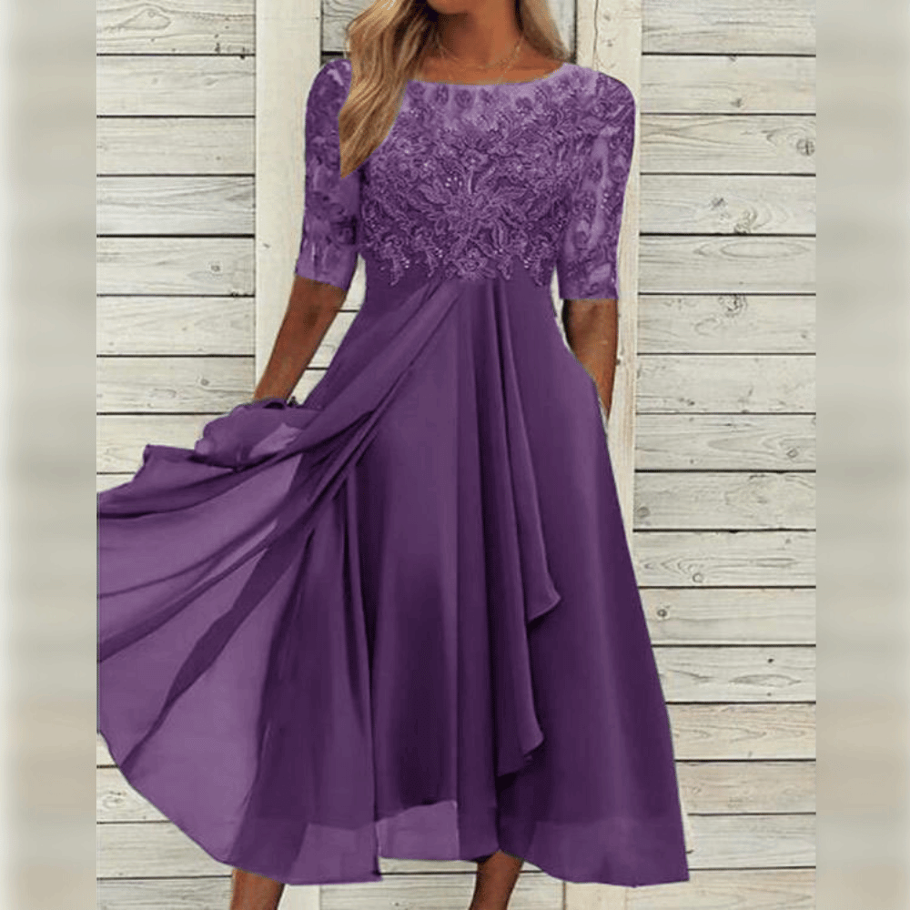 Elegant Evening Dress with Lace Details and 3/4 Sleeves | Semi Formal Gown for Women 0
