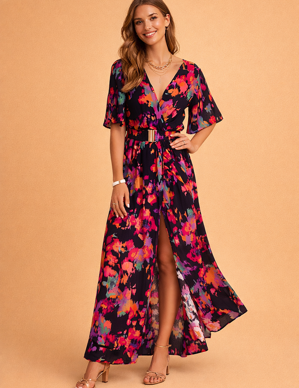 Elegant Women Maxi Dress with Envelope Neckline Summer Sundress 1
