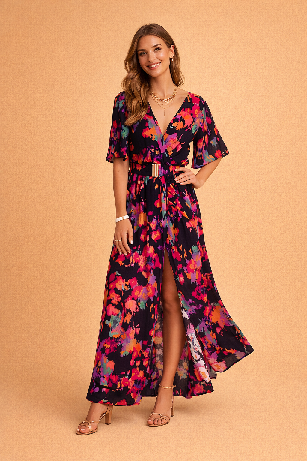 Elegant Women Maxi Dress with Envelope Neckline Summer Sundress 1