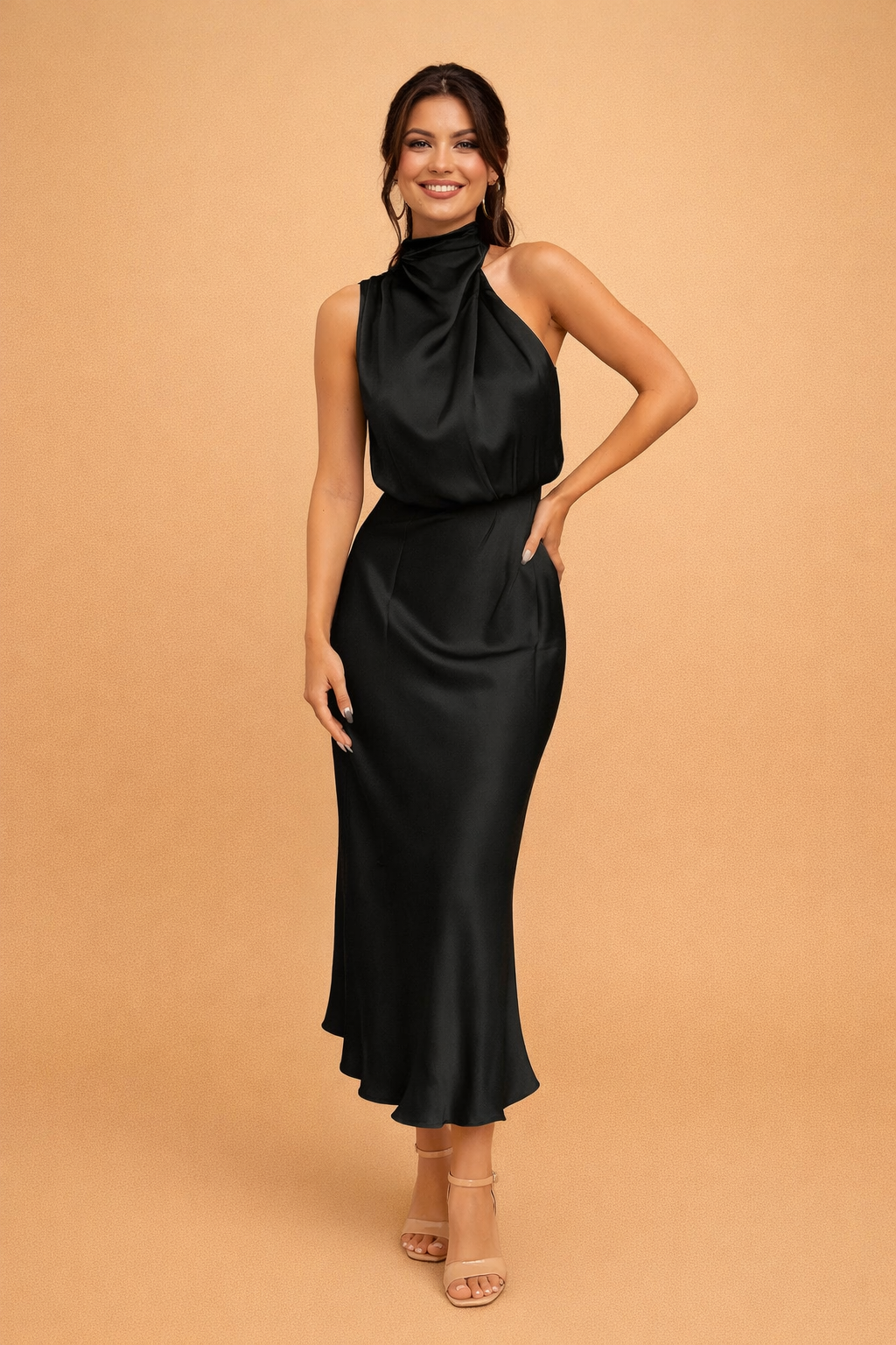 Elegant Women's Midi Dress One-Shoulder Evening Gown for Special Occasions 0
