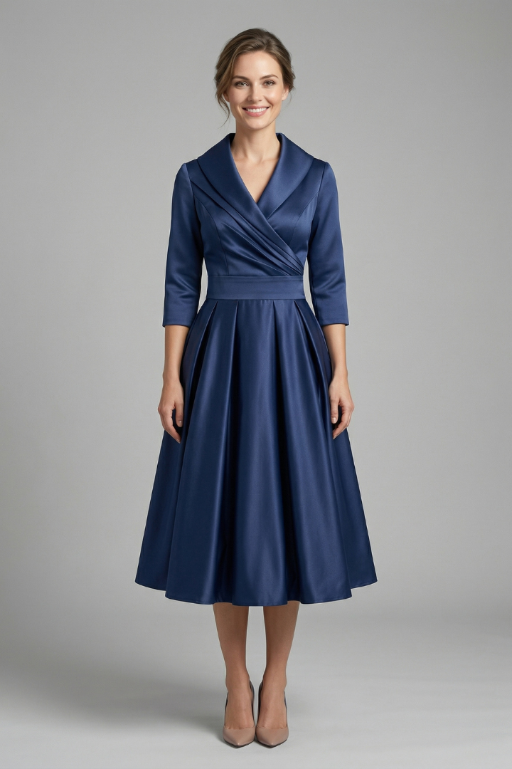 Elegant Women's Midi Dress with Wrap Neckline & Pleated Skirt for Formal & Casual Occasions 0