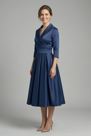 Elegant Women's Midi Dress with Wrap Neckline & Pleated Skirt for Formal & Casual Occasions 2