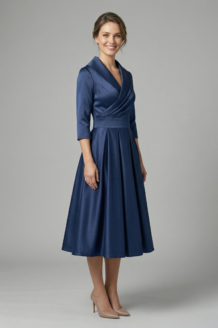 Elegant Women's Midi Dress with Wrap Neckline & Pleated Skirt for Formal & Casual Occasions 4
