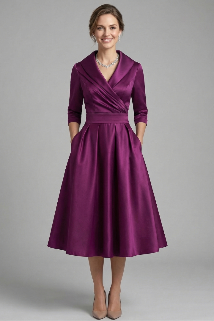 Elegant Women's Midi Dress with Wrap Neckline & Pleated Skirt for Formal & Casual Occasions 7