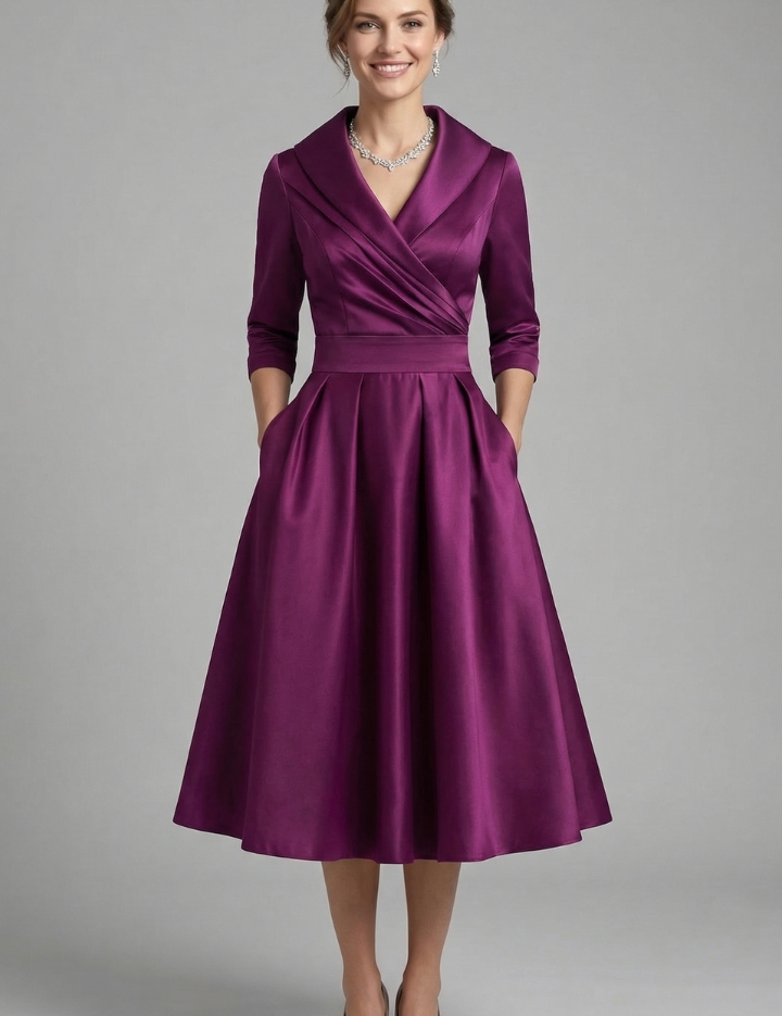 Elegant Women's Midi Dress with Wrap Neckline & Pleated Skirt for Formal & Casual Occasions 7