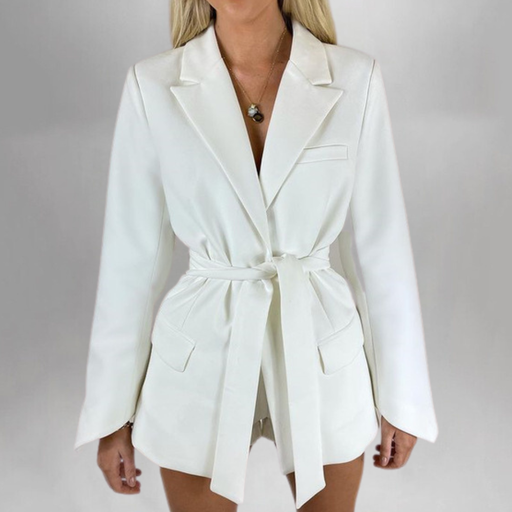 White Women's Tailored Blazer with Belted Waist for Elegant Style 4
