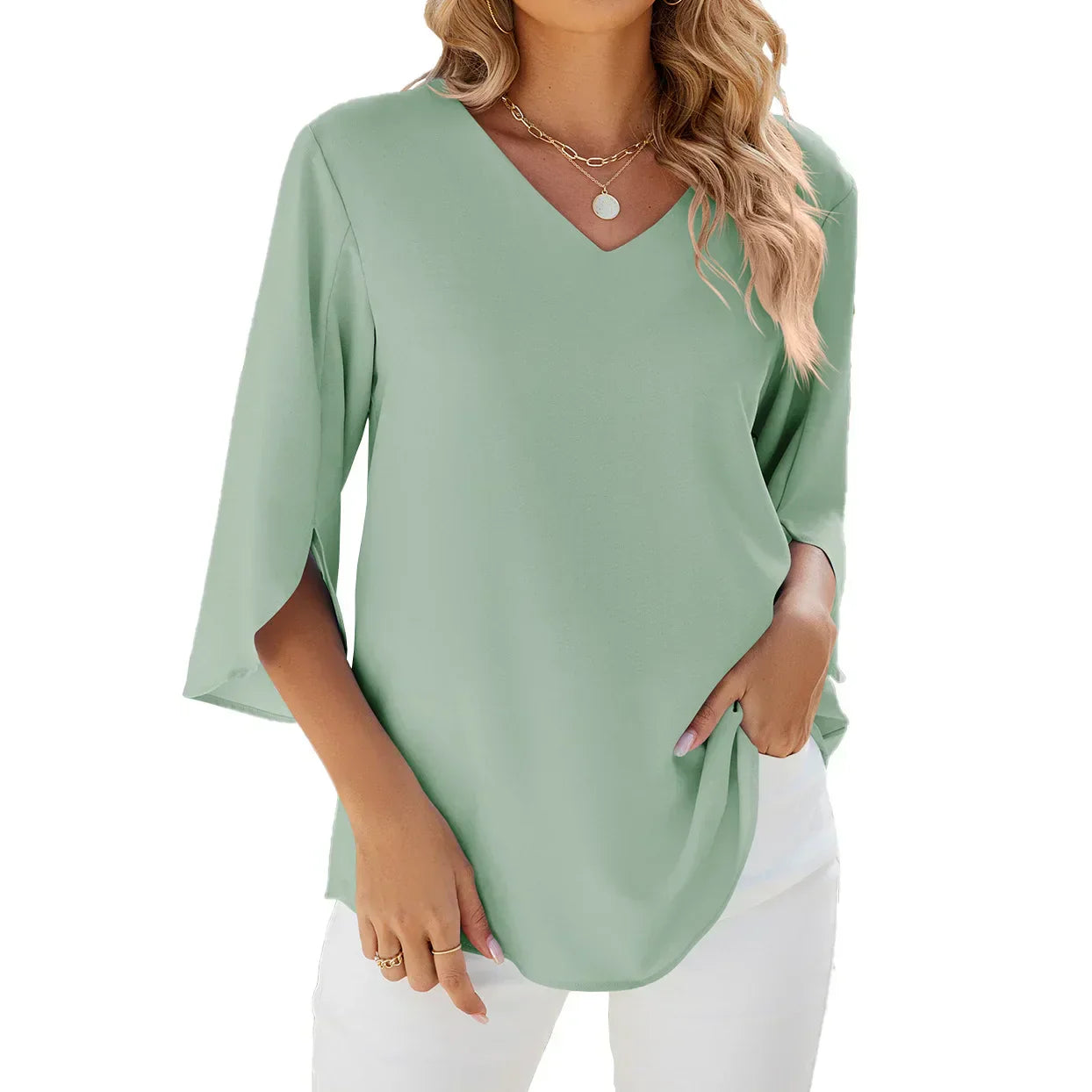 Women's Blouse - Elegant V-Neck Flared Sleeve Summer Tops for Women - Chic Casual Style 2