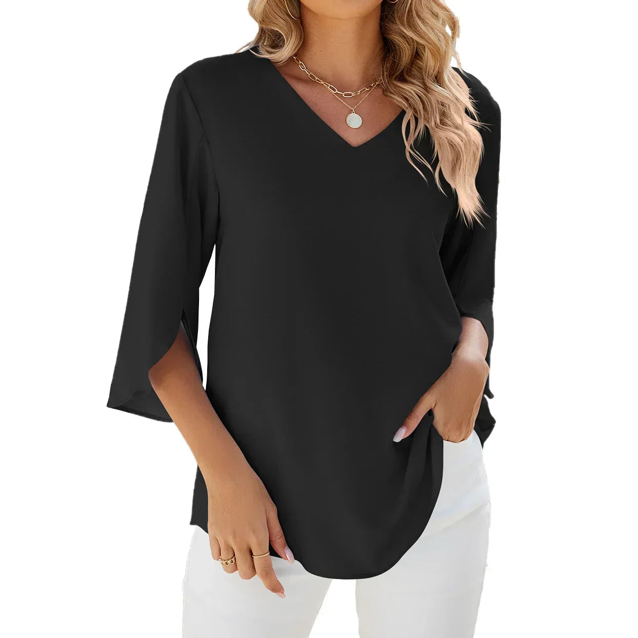 Women's Blouse - Elegant V-Neck Flared Sleeve Summer Tops for Women - Chic Casual Style 3
