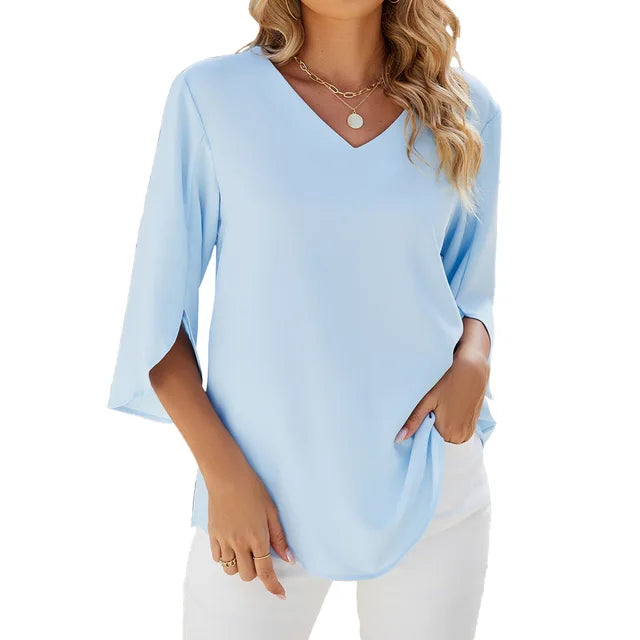 Women's Blouse - Elegant V-Neck Flared Sleeve Summer Tops for Women - Chic Casual Style 4