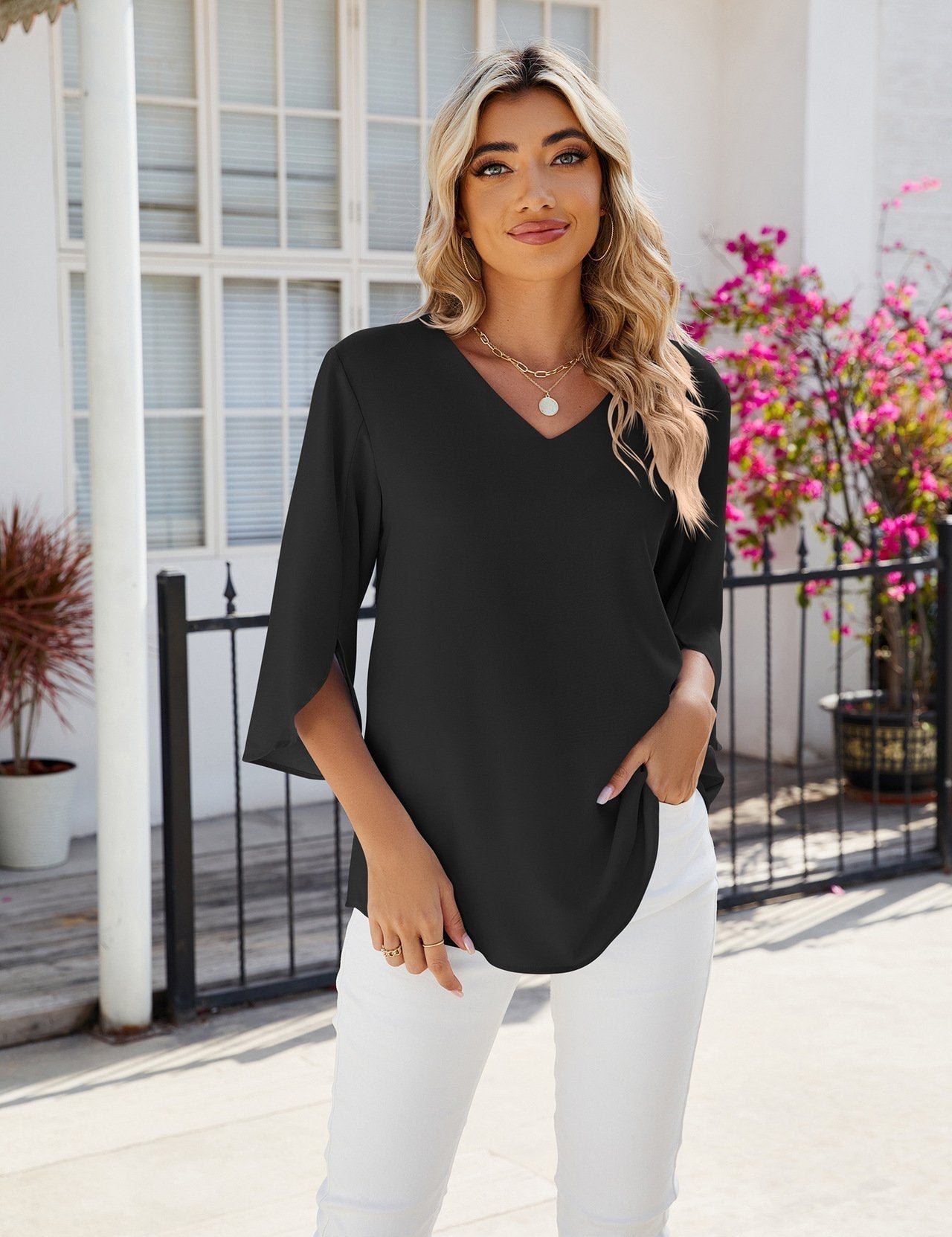 Women's Blouse - Elegant V-Neck Flared Sleeve Summer Tops for Women - Chic Casual Style 7