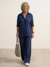 Women's Casual Co-ord Set with Oversized Shirt and Wide Leg Trousers 0