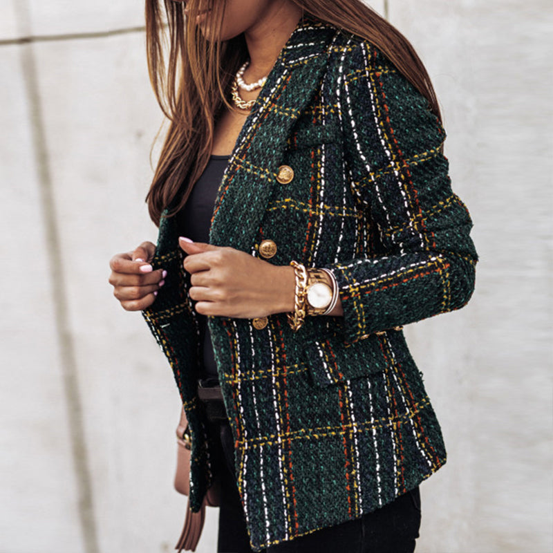Women's Checked Blazer, Double-Breasted Stylish Jacket for Elegant Occasions 0