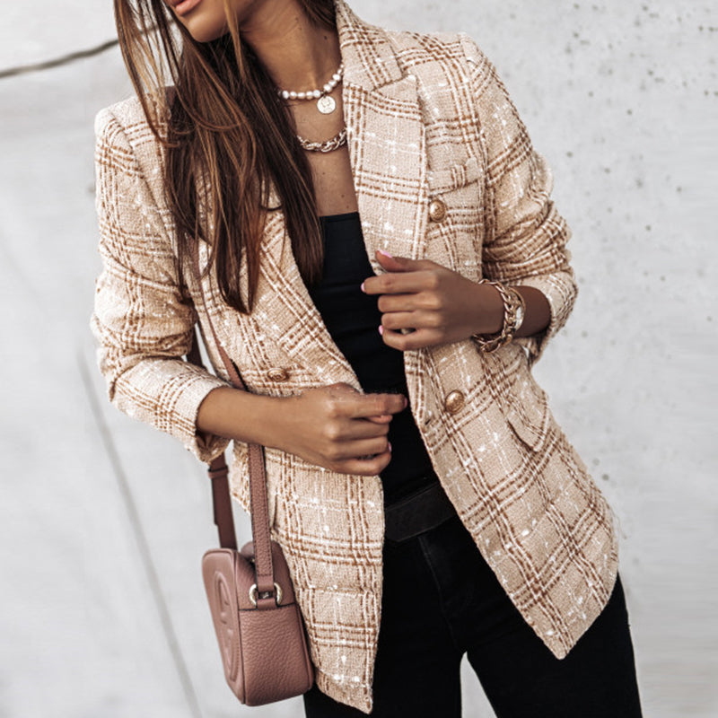 Women's Checked Blazer, Double-Breasted Stylish Jacket for Elegant Occasions 1