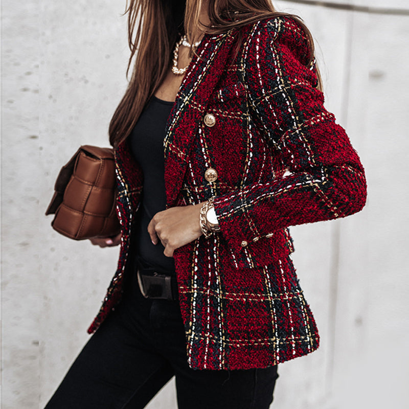 Women's Checked Blazer, Double-Breasted Stylish Jacket for Elegant Occasions 3