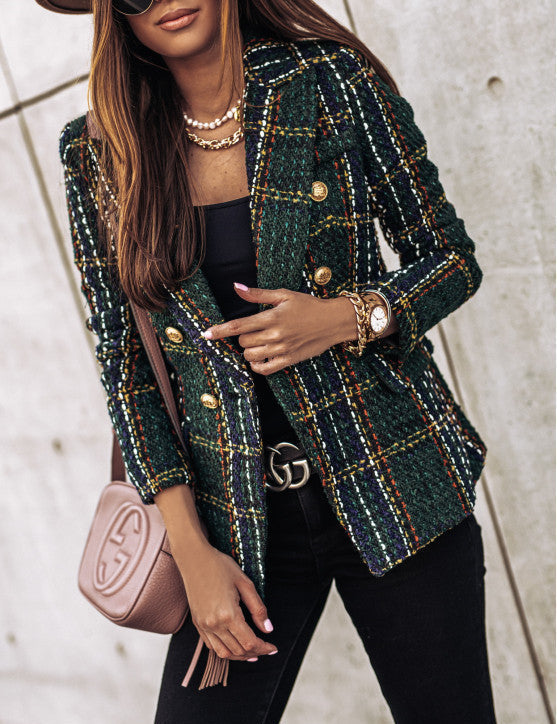 Women's Checked Blazer, Double-Breasted Stylish Jacket for Elegant Occasions 4