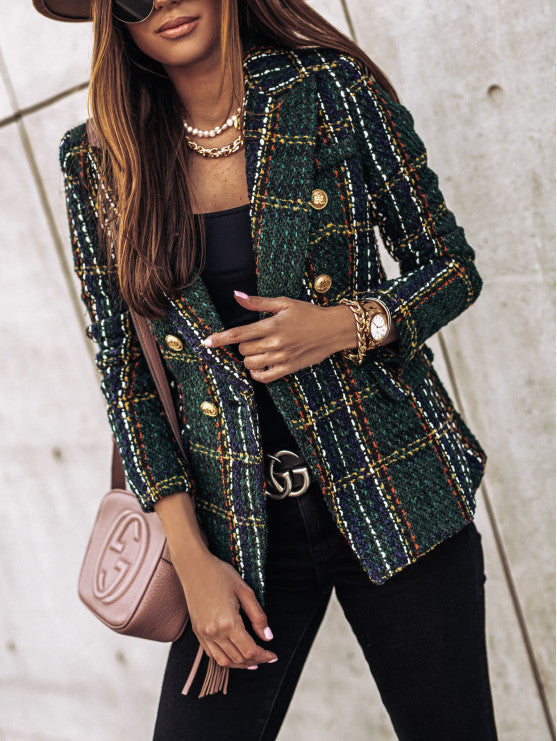 Women's Checked Blazer, Double-Breasted Stylish Jacket for Elegant Occasions 4