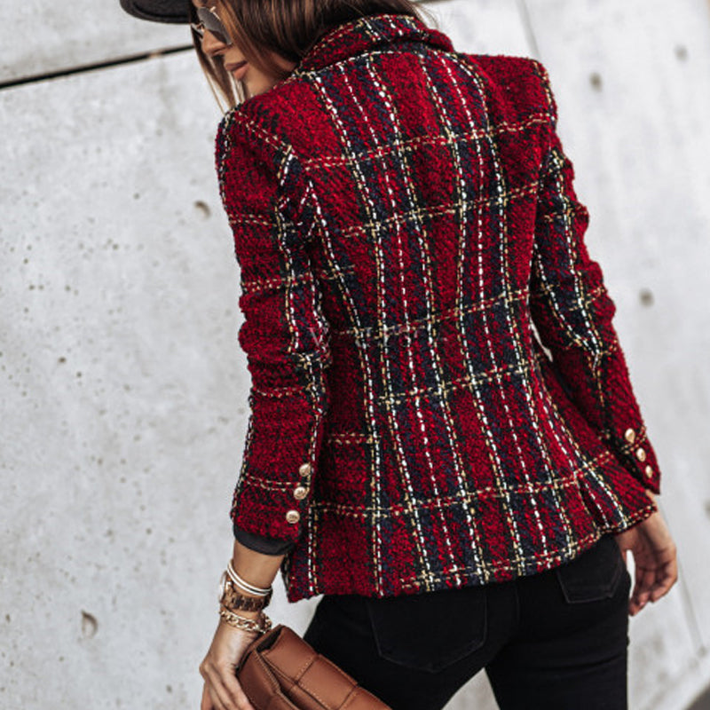Women's Checked Blazer, Double-Breasted Stylish Jacket for Elegant Occasions 5