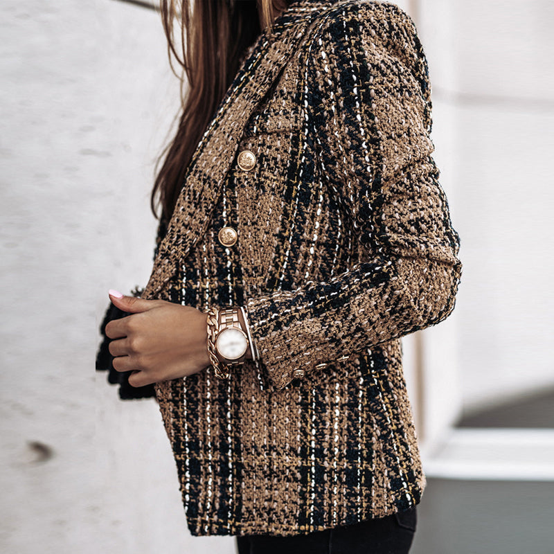 Women's Checked Blazer, Double-Breasted Stylish Jacket for Elegant Occasions 6