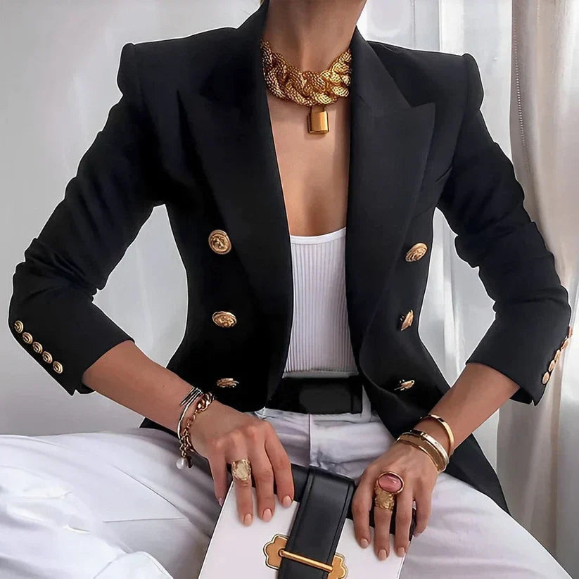Women's Double Breasted Blazer with Gold Buttons - Tailored Jacket for Elegant Style 0