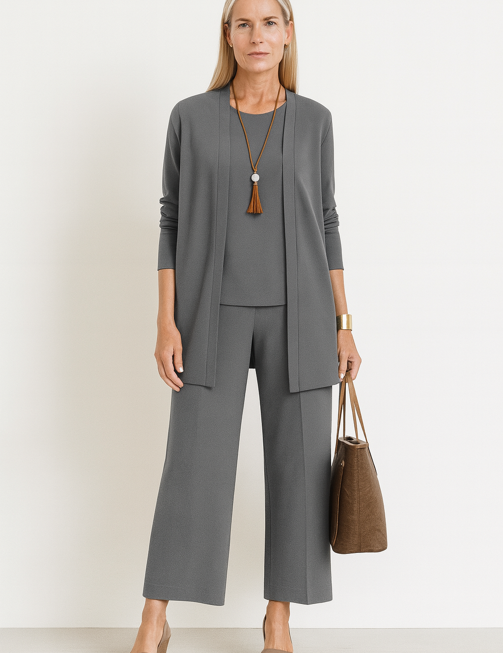Women's Outfit 3-Piece Cardigan Set with Wide Leg Trousers - Versatile Women's Clothing for Autumn 0