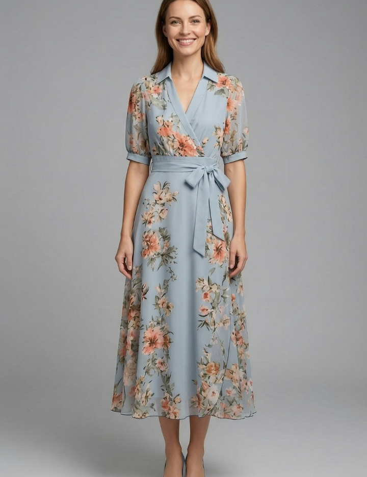 Women's Summer Maxi Dress - Elegant V-Neck Wrap Dress with Waist Tie 0