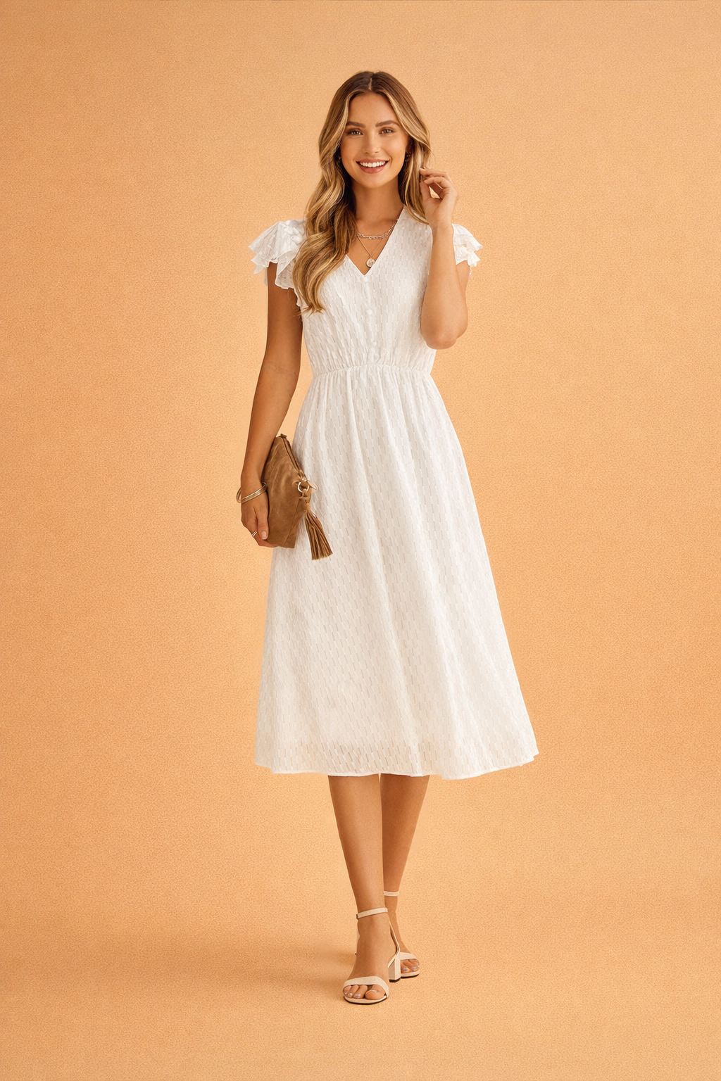Women's Summer Midi Dress with V-Neck and Ruffle Sleeves - Elegant and Comfortable Summer Dresses 0