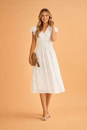 Women's Summer Midi Dress with V-Neck and Ruffle Sleeves - Elegant and Comfortable Summer Dresses 0