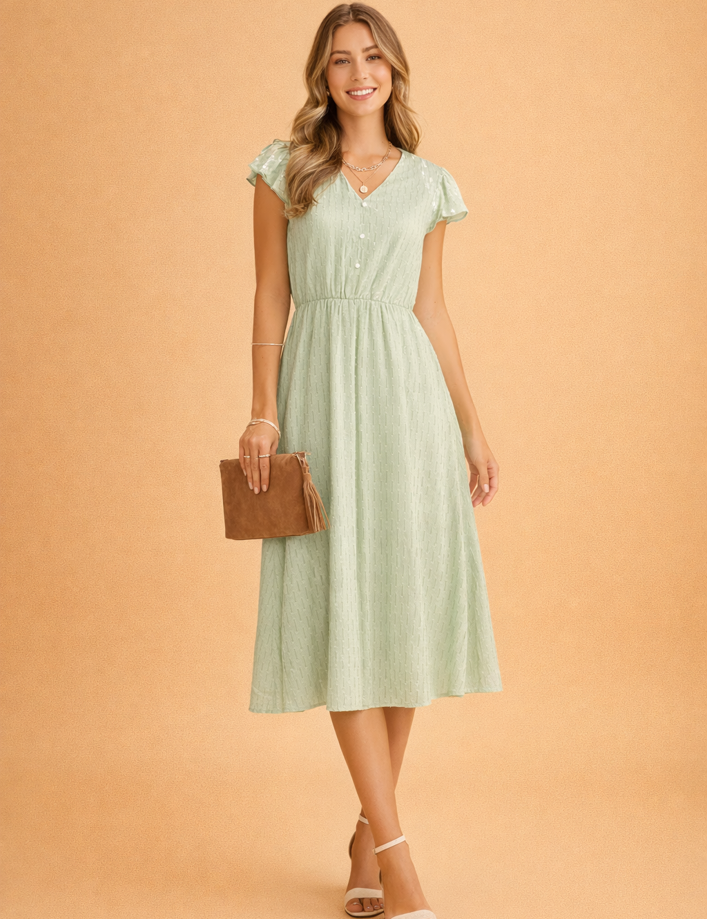 Women's Summer Midi Dress with V-Neck and Ruffle Sleeves - Elegant and Comfortable Summer Dresses 1