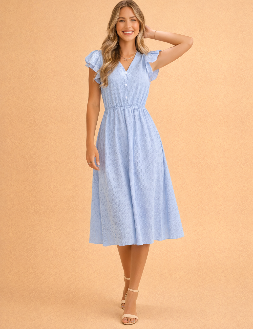 Women's Summer Midi Dress with V-Neck and Ruffle Sleeves - Elegant and Comfortable Summer Dresses 3