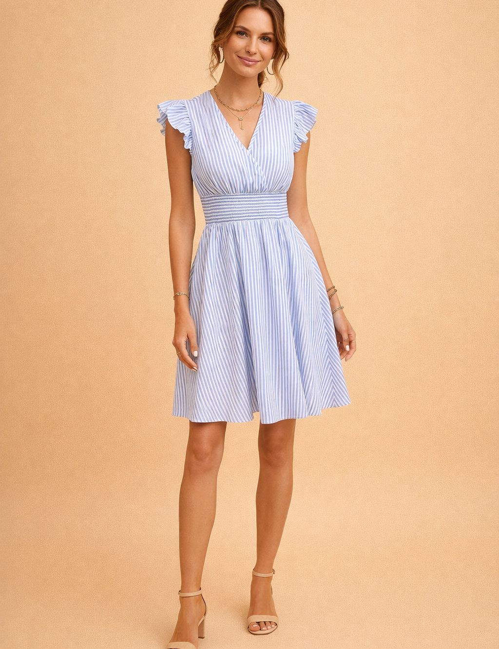 Womens Dress - Elegant Striped Midi Summer Dress with V-Neck for Warm Weather 1