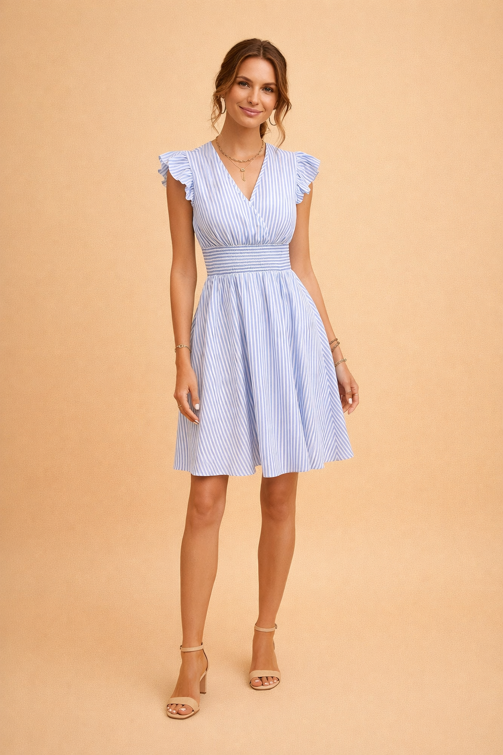 Womens Dress - Elegant Striped Midi Summer Dress with V-Neck for Warm Weather 1
