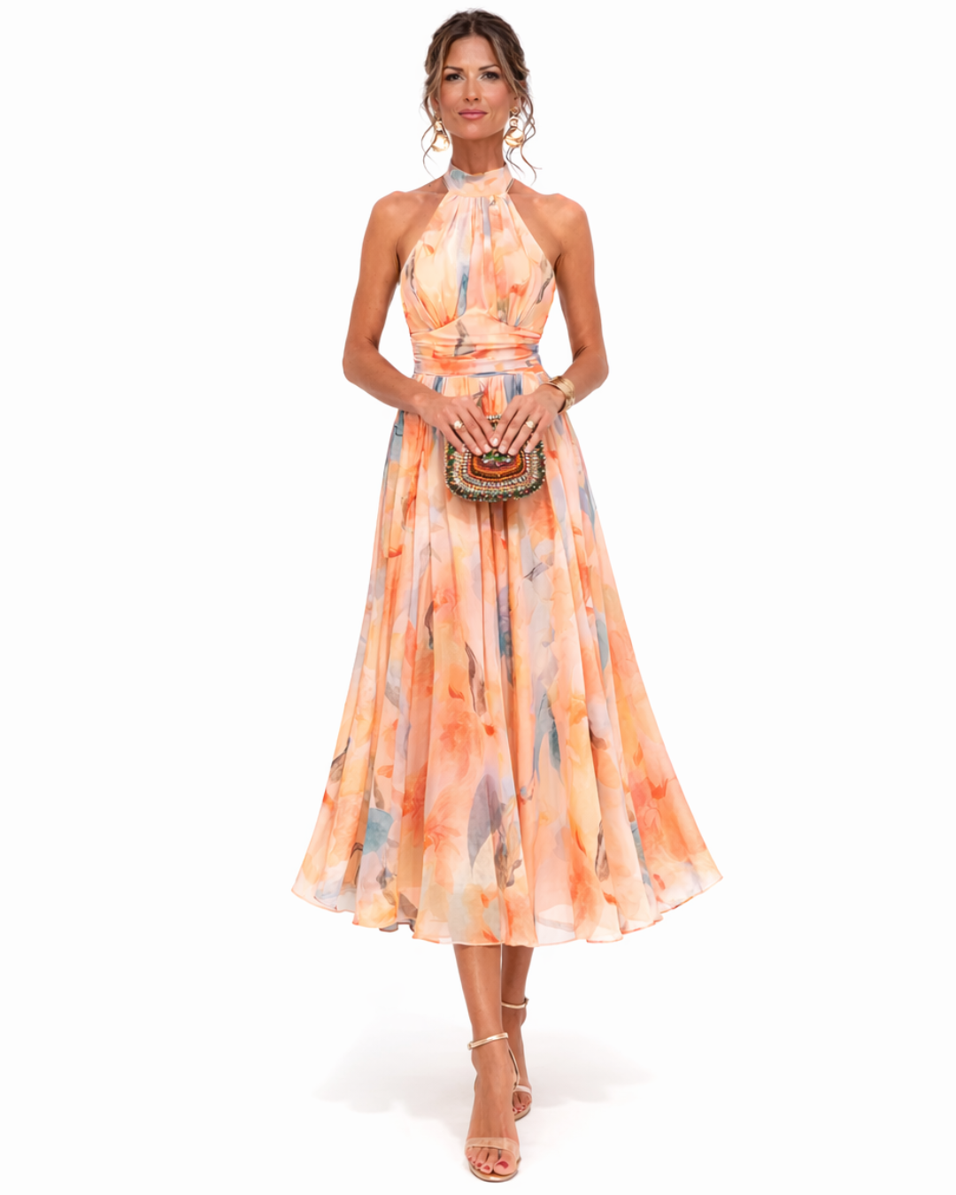 Womens Dress - Elegant Summer Halterneck Maxi Dress with Watercolor Print for Wedding Guests and Formal Events 0