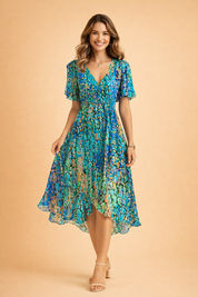 Womens Summer Midi Dress - Elegant Blue Dress for Casual and Formal Occasions 0